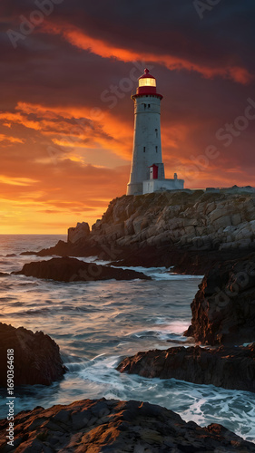 Wallpaper Mural Stunning lighthouse glows at sunset, a beacon of hope against the dramatic coastal landscape Torontodigital.ca