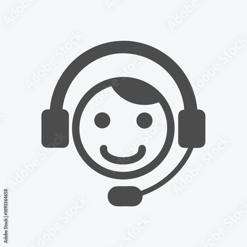 Flat icon reveals a person wearing headphones and a microphone speaking in simple style