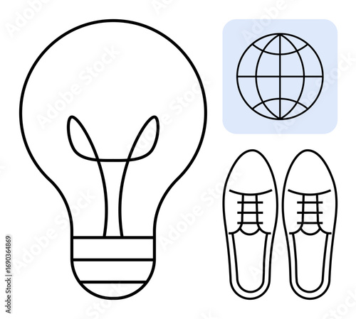 Light bulb, globe, and shoes in minimalist style symbolize innovation, global impact, and human progress. Ideal for creativity, entrepreneurship, global vision, connectivity business personal