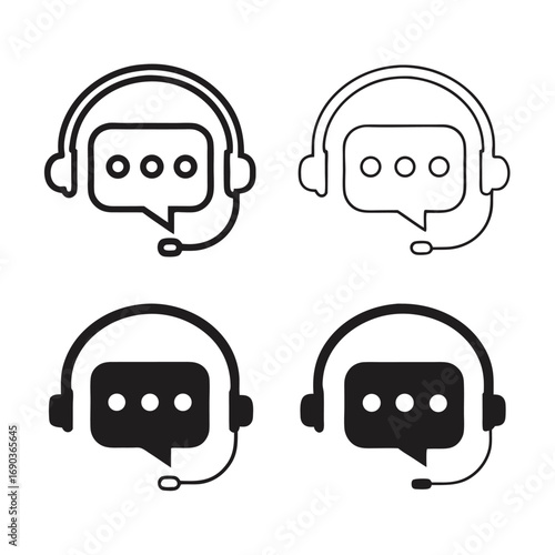 Four call center icons show headset and chat bubble in black and white