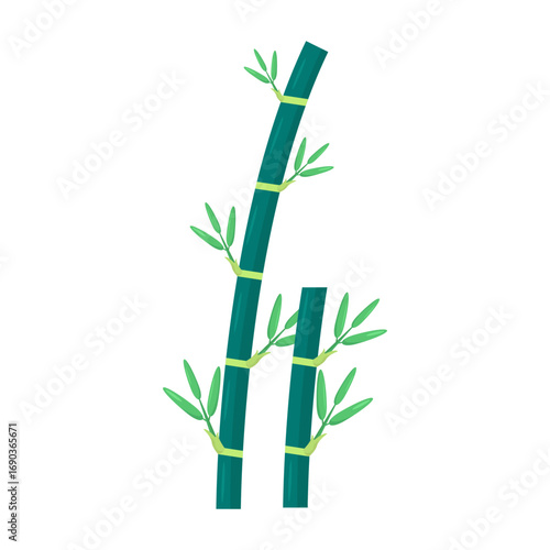 Green bamboo stalks with leaves bending gracefully, set against a minimalistic white background