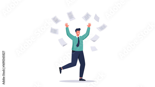Business achievement concept with professional worker tossing documents upward in celebration flat vector illustration
