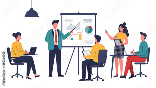 Flat vector illustration of diverse professionals giving business presentation in modern office meeting room collaboration concept