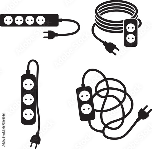 Black and White Extension Cord Silhouette – Coiled, Straight, Tangled, and Hanging Designs Isolated on White