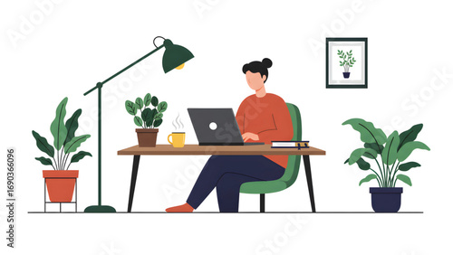 Home office workspace with person typing on laptop surrounded by plants coffee and minimal desk items flat vector art