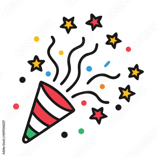 Vector party horn with colorful confetti and stars
