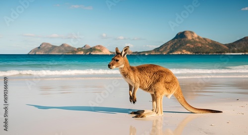 Kangaroo standing on white sand beach near ocean