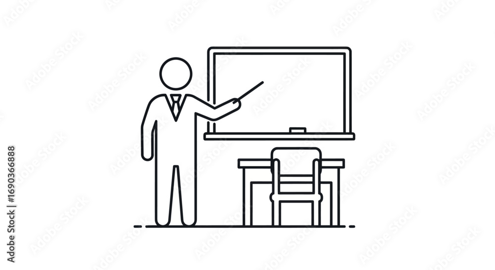 Fototapeta premium Teacher instructing at a whiteboard with desk and chair.