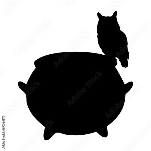 Logo con silueta de búho en caldero de bruja para felicitaciones y tarjetas de Halloween