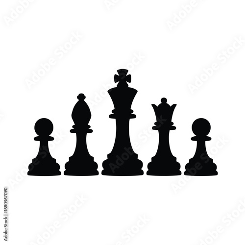 Black silhouette chess pieces arranged on white background