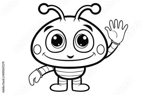 Friendly cartoon alien character waves happily with a toothy grin on a light backdrop