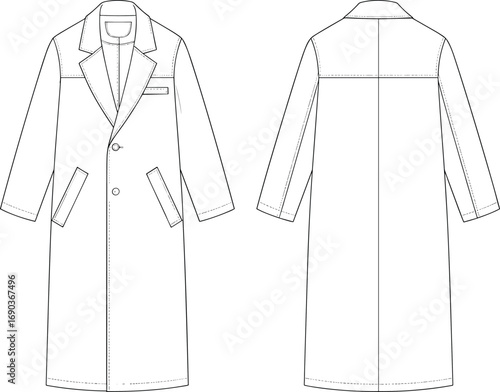 Long overcoat front and back view technical flat sketch with collar and pockets, cad drawing flat vector illustration for fashion design.