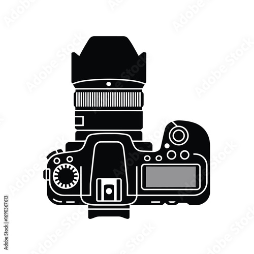 Top view silhouette of a professional dslr camera with lens