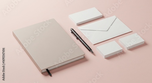 Notebook pen envelope  stacks of cards on pink surface clean  minimal flat lay style