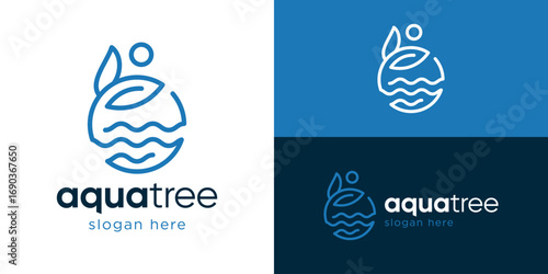 Creative aqua tree logo template. Tree leaf with wave or water logo design vector illustration.