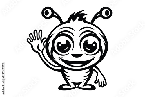 Friendly alien in flying saucer waves hello among distant stars, exuding universal joy