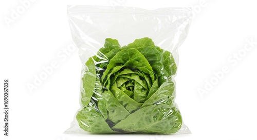 Head of green lettuce encased within a clear plastic bag centered on white