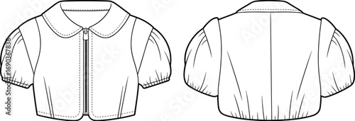 Cropped puff sleeve jacket CAD, zipper front, Peter Pan collar, vector flat sketch, women’s outerwear fashion design