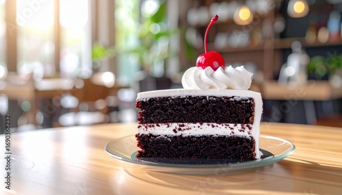 A delicious slice of chocolate layer cake with white frosting and a cherry on a wooden table in a sunlit cafe.