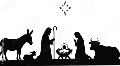 Nativity scene with Mary, Joseph, baby Jesus in manger, donkey, lamb, cow, star of Bethlehem, religious Christmas vector illustration.