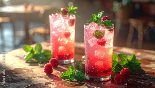 Two refreshing raspberry cocktails with ice, mint, and fresh raspberries on a wooden surface.