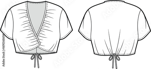 Cropped wrap tie-front top CAD, gathered short sleeve, V-neckline, drawstring hem, fashion flat sketch for women