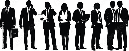 Silhouette vector illustration of business professionals in formal attire using gadgets and discussing, perfect for office, teamwork, or corporate design.