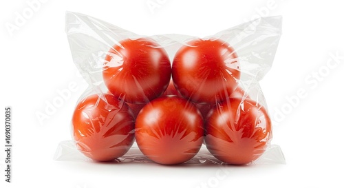 Stack of six ripe tomatoes in a clear plastic bag