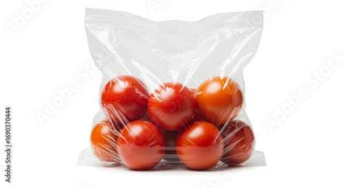 Tomatoes inside a clear plastic bag with shadows cast on a white background
