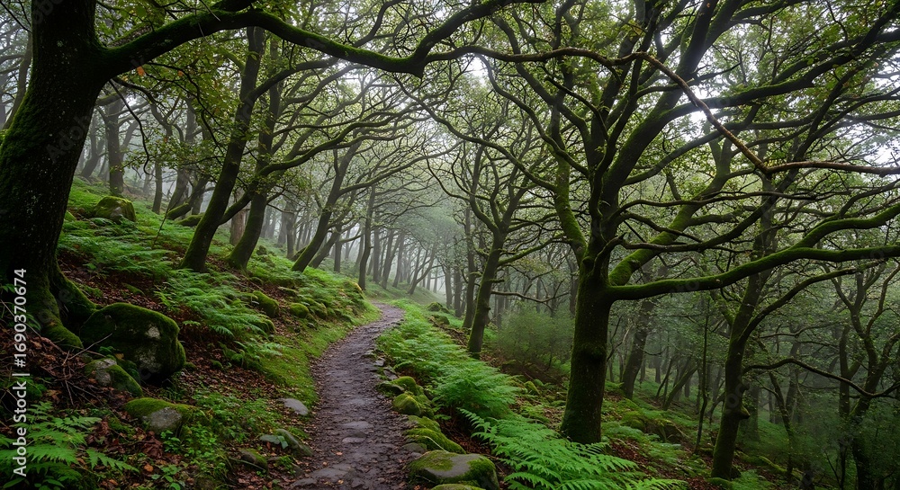 Obraz premium Winding Path Through an Ancient Mossy Forest.