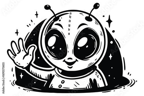 Happy dark alien with one big eye is waving on white background