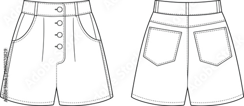 High waist women’s shorts CAD drawing, front and back fashion flat sketch, technical vector template for clothing design and production