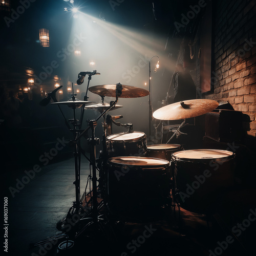 
A drum kit set on a dimly lit stage, with soft beige spotlights, moody shadows, metallic hardware, and an atmospheric live-music vibe