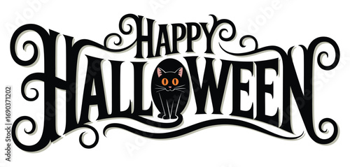 Stylized “Happy Halloween” greeting with swirling text, bold letters, and black cat replacing the letter “O,” perfect for festive spooky designs