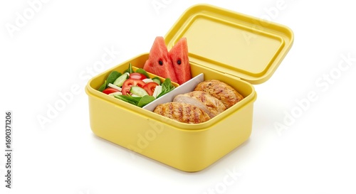 Yellow lunchbox open filled with grilled chicken salad  watermelon on a white surface