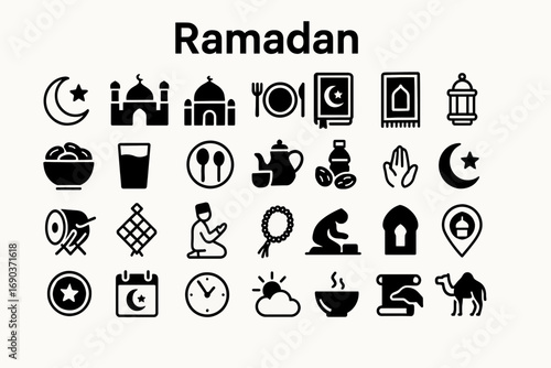 A versatile set of bold, solid black icons representing Ramadan and Islamic holidays. Ideal for apps, websites, and presentations.