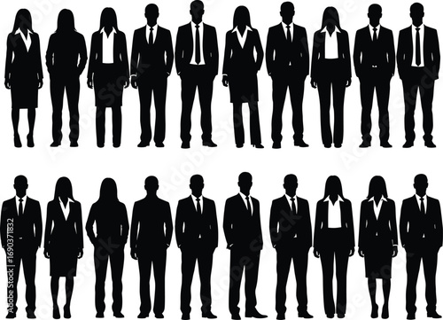 Silhouettes of business professionals men and women in formal attire standing together, ideal vector illustration for corporate team concepts.