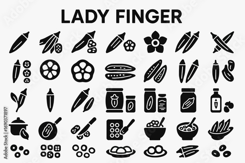 A versatile set of bold, solid black icons representing lady finger, vegetables, and food. Ideal for apps, websites, and presentations.