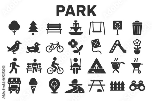 A versatile set of bold, solid black icons representing parks, nature, and recreation. Ideal for apps, websites, and presentations.