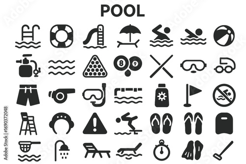 A versatile set of bold, solid black icons representing pools, swimming, and water activities. Ideal for apps, websites, and presentations.