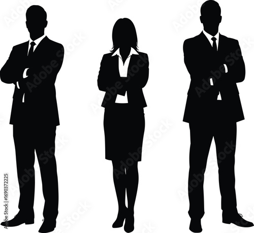 Silhouettes of confident business professionals in formal attire standing with arms crossed, isolated vector illustration for office and teamwork concepts.