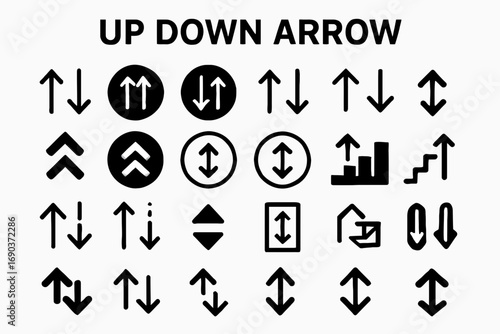 A versatile set of bold, solid black icons representing up and down arrows, movement, and direction. Ideal for apps, websites, and presentations.