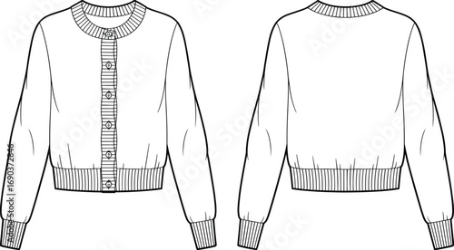 Rib knit button-down cardigan flat sketch – round neck, full sleeves, front placket, technical fashion CAD for women