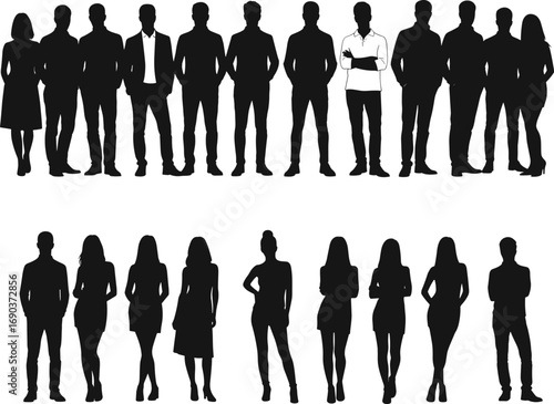 Silhouettes of diverse professional men and women standing together, formal business attire, confident posture, isolated vector illustration set.