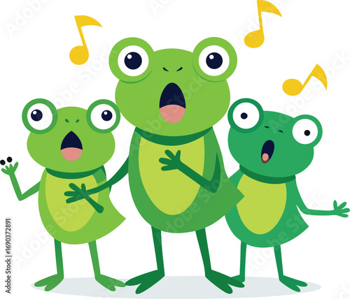 Cartoon frogs singing in a choir with musical notes above their heads