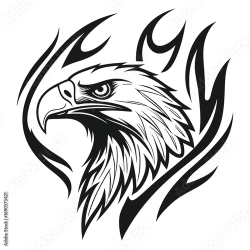 A fierce eagle head encircled by tribal flames embodying power and intensity isolated on white background