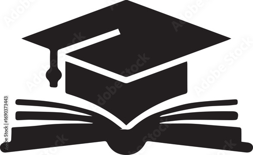 Simple black and white vector icon of a graduation cap on an open book representing education and learning