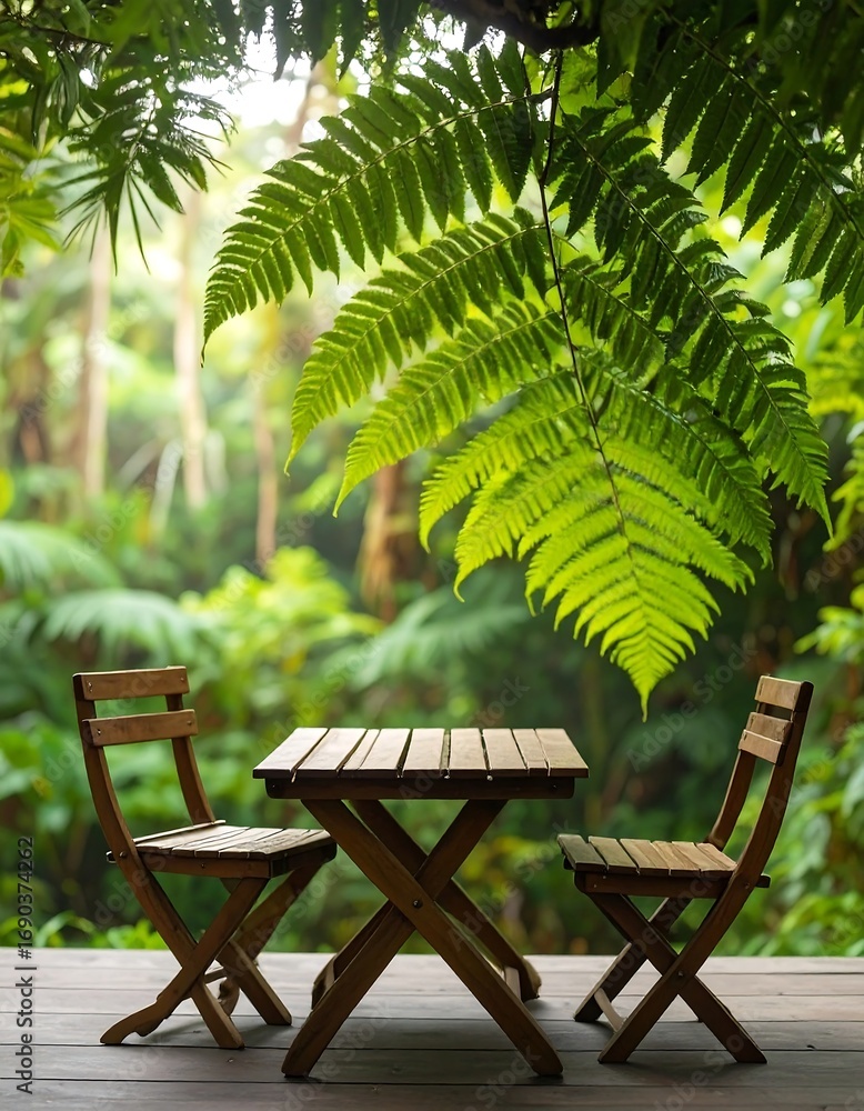 Obraz premium Wooden table and chairs in a lush garden