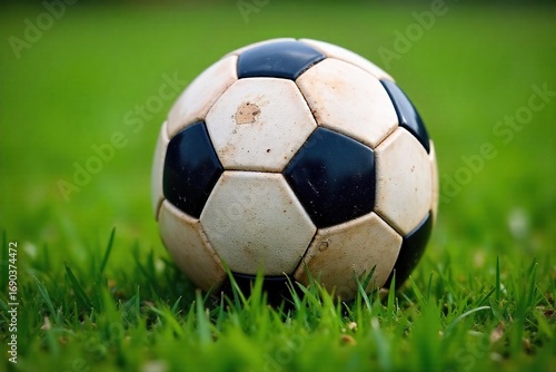 Close-up shot of a well-worn soccer ball, scuffed and muddied, resting on lush green grass, ready for the next kick , soccer ball, football