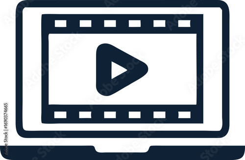 Laptop screen shows a play button inside movie frames against a white backdrop